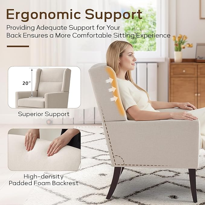 High Back Living Room Chairs, Fabric Accent Chair, Comfy Upholstered Armchair with Wooden Legs for Living Room, Bedroom, Apartment (1, Beige)