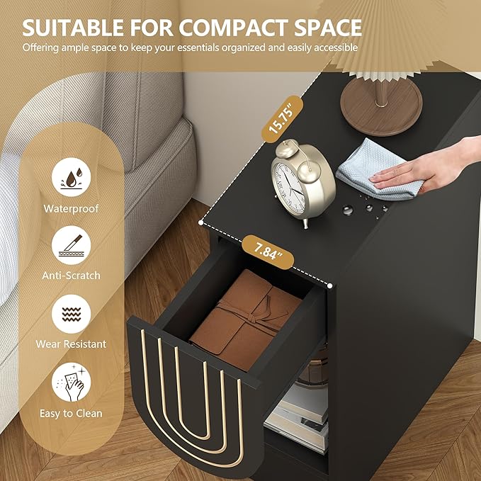 Narrow Nightstand, Black Bedside Table with Carving Lines Drawer, Mid-Century Modern Slim Side End Table for Bedroom Small Space, Wooden Small Night Stand (1, Black)