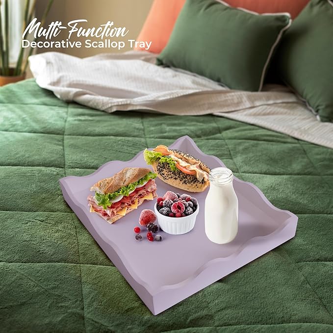 Wooden Scallop Serving Tray - for Coffee Table, Breakfast, Dinner Kitchen Living Room Bedroom, and Home Decor for All Occasions (Pastel Purple, M)