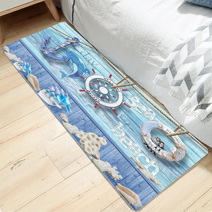 Bath Rugs Sponge Foam Absorbent Soft for Bathroom and Kitchen (71 x 24 inches), Flannel Mat Non Slip Bright 3D Print for Bedside and Living Room(Nautical Anchor Helmsman)