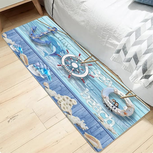 Bath Rugs Sponge Foam Absorbent Soft for Bathroom and Kitchen (71 x 24 inches), Flannel Mat Non Slip Bright 3D Print for Bedside and Living Room(Nautical Anchor Helmsman)