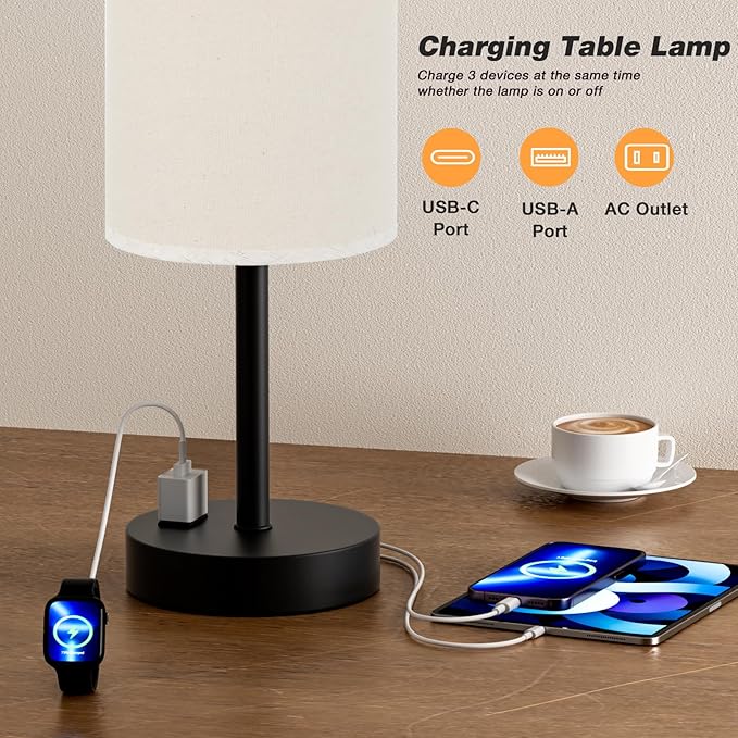 Fenmzee Touch Table Lamp - Beige, 3-Way Dimmable, USB A + C Charging, AC Outlet, 17.4inch Medium, Black Metal Base