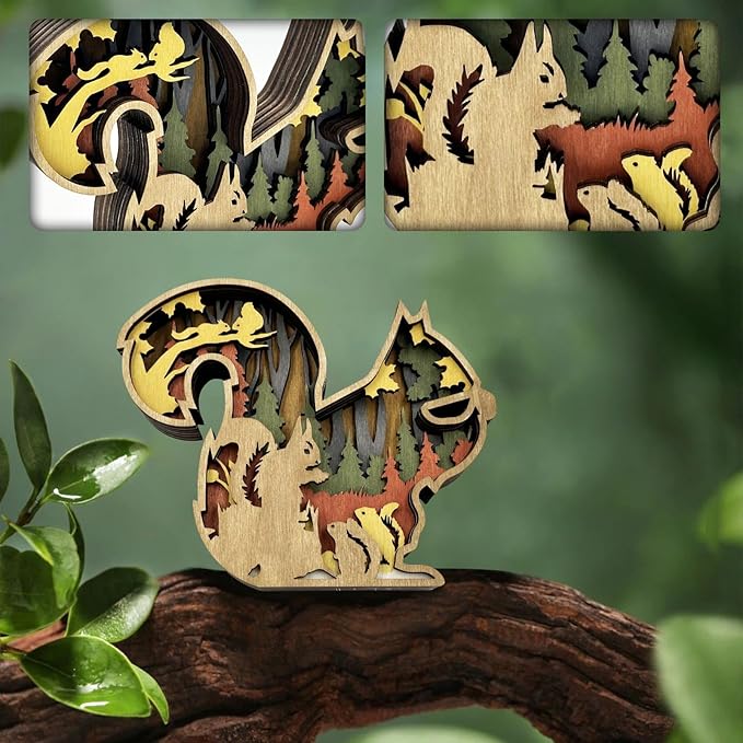 3D Wooden Carving Animals Lamp - Creative Fox Squirrel Wood Carved LED Night Light Garden Yard Wooden Animals Sculpture Ornaments Desktop Home Decor Birthday Gifts for Family Friend (Squirrel)