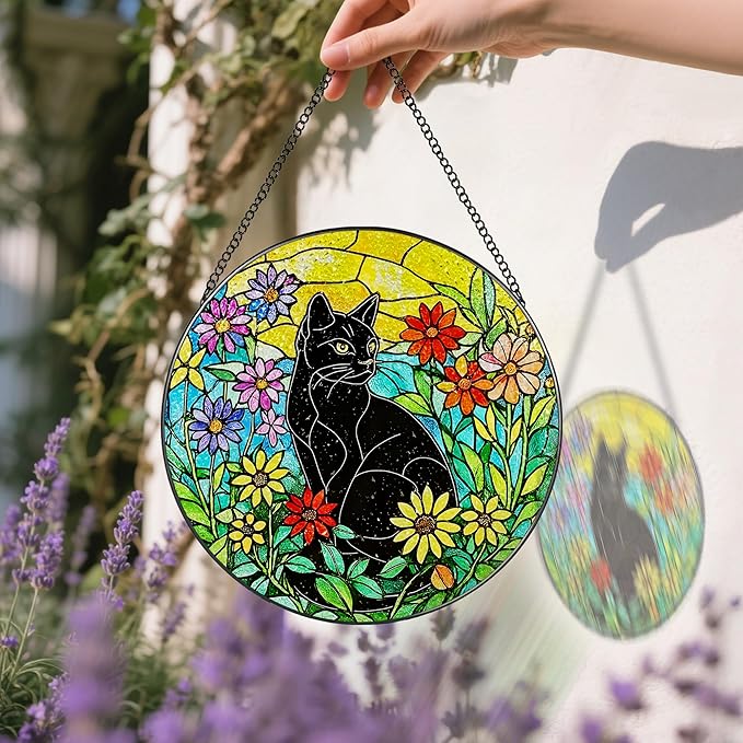 Black Cat Stained Glass Window Hanging, 8 Inch Sun Catchers Indoor Window, Suncatchers for Windows Hanging, Home Decor and Christmas, Festival, Mother's Day, Birthday, Gifts for Women, Men, Cat Lovers