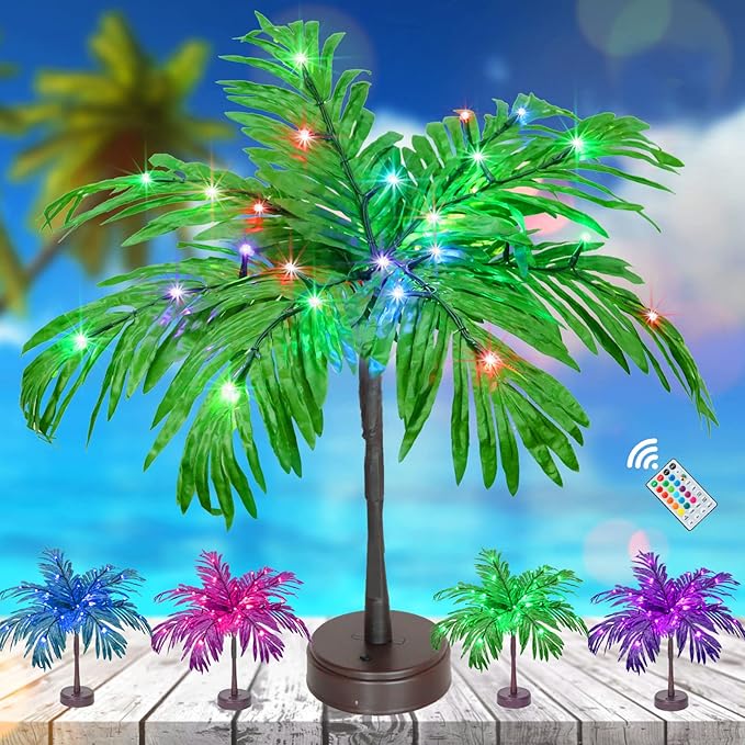 18 Color Changing Lighted Palm Tree Table Decor, 23 in Tropical Artificial Palm Tree Lights Branches Battery USB Powered, LED Table Centerpiece for Luau Summer Hawaiian Party Home