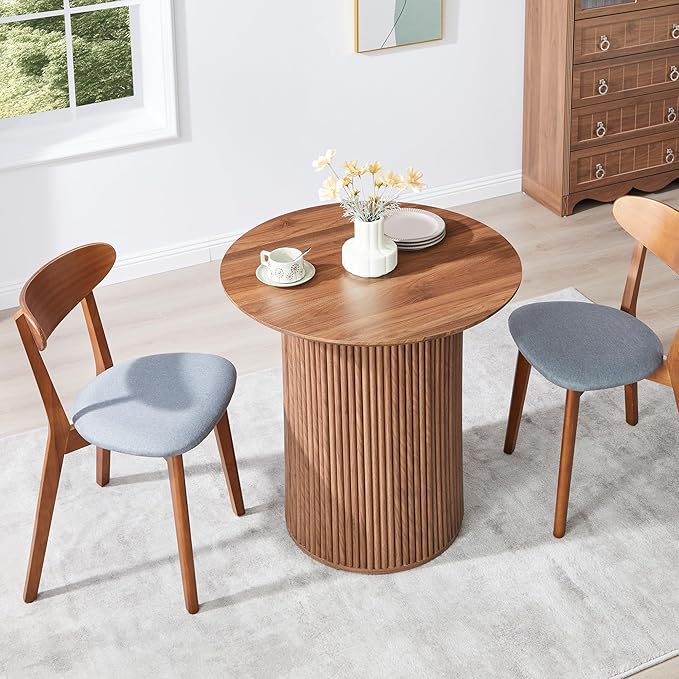 AVZEAR 31.5" Round Dining Table for 2 People, Small Kitchen Dinner Table with Fluted Wood Base, Farmhouse Circle Dining Tables for Home, Kitchen, Dining Room, Living Room (Walnut)