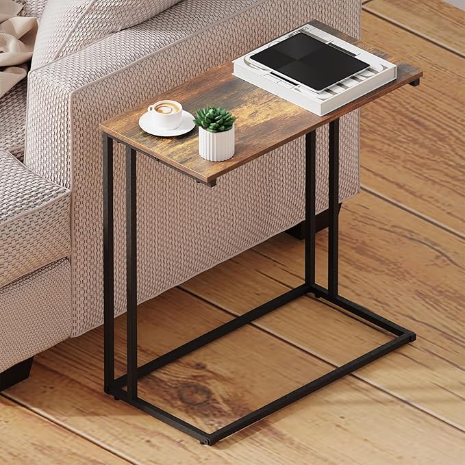 C-Shaped Side Table, Modern End Table with Metal Frame, Space Saving Design for Living Room，Large Surface Couch Table for Bedroom, and Home Office，24 x 12 x 24 inches (Rustic Brown)