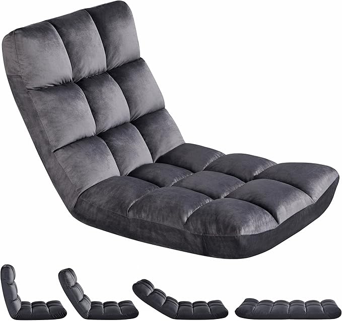 Yaheetech Floor Folding Chair with Back Support, Padded Folding Gaming Sofa Chair with 14 Adjustable Backrest, Adults Couch Recliner, Floor Seating Lounge Chair, Armless Meditation Chair, Gray
