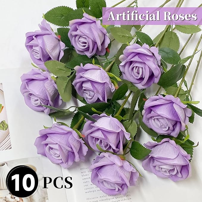 10 PCS Artificial Roses with Long Stems Silk Flowers Realistic Foam Flowers Fake Roses for Valentine's Day Home Wedding Halloween Decor(Light Purple)