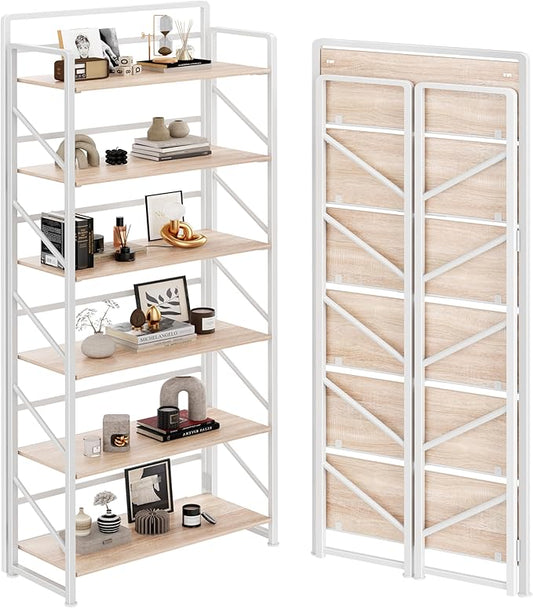 JSB No Assembly Folding Bookshelf, 6 Tier Industrial Metal Book Shelf for Storage, Vintage Wood Foldable Bookcase for Living Room, Bedroom, Office Organization Shelves