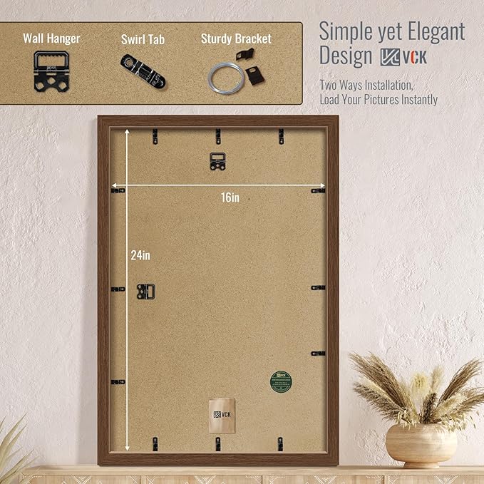 VCK 16x24 Poster Frame 2 Pack - Brown, High-End Wood Picture Frames with Polished Plexiglass, Display 12x18 Photo with Mat or 16x24 without Mat, Art Gallery-Quality, Wall Hanging, Brown