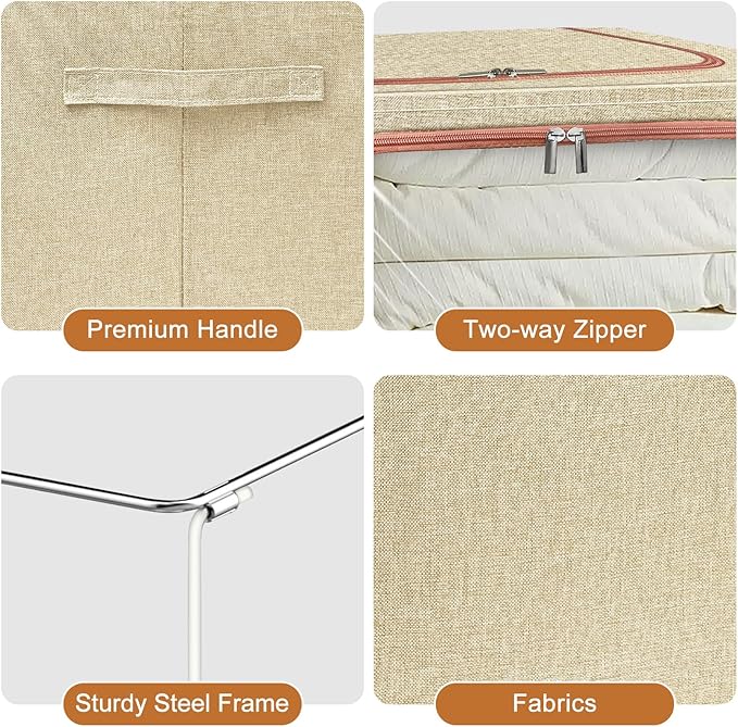 3 Pack Foldable Storage Bins with Metal Frame, Large Capacity Stackable Clothes Organizer with Clear Window & Carry Handles, Linen Fabric Storage Boxes for Closet (Beige, 3PCS-Large-66L)