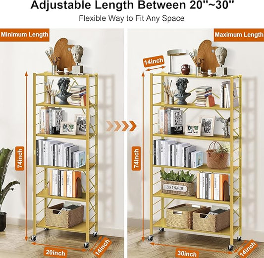 Himix 6 Tier Foldable Storage Shelves, Expandable Folding Bookshelf with Wheels, Changeable into 2 Shelf Units, Collapsible Adjustable Storage Rack Metal Shelves for Garage Kitchen, Basement, Gold