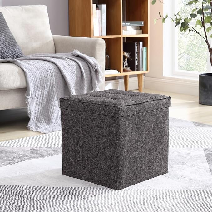 Ornavo Home Square Storage Ottoman Linen Foldable Tufted Cube Storage Ottoman Foot Rest Stool/Seat with Table Top Lid, Coffee Table Ottoman - 15" x 15" x 15" (Charcoal Gray)