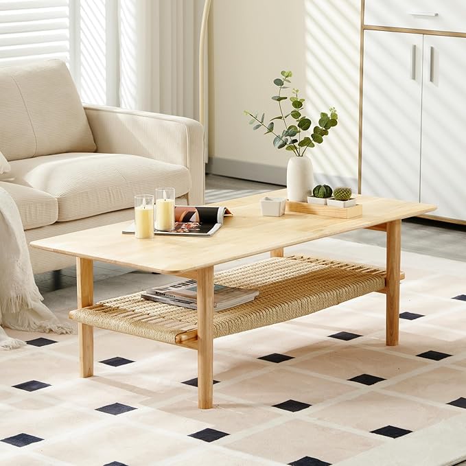 Farmhouse Coffee Table with Rattan Storage Boho Mid Centry Modern Center Table with Under Shelf Wood Living Room Table with Woven Shelf Underneath for Living Room Lounge, Natural Color