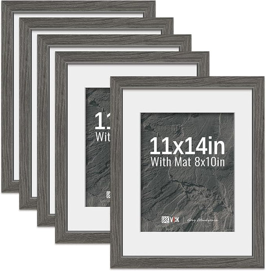 VCK 11x14 Picture Frame 5 Pack - Grey, High-End Wood Poster Frames with Tempered Glass, Display 8x10 Photo with Mat or 11x14 without Mat, Art Gallery-Quality, Wall Hanging, Grey