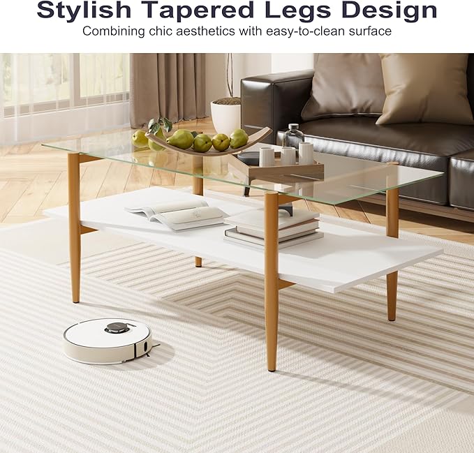 Glass Coffee Table, Rectangle Living Room Center Table with Golden Legs, Mid-Century Modern Accent Tables with Open Shelf for Living Room, Office, White
