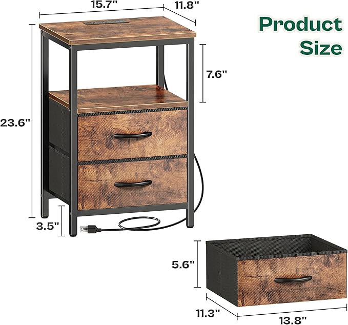 Huuger Night Stand with Charger Station and LED Lights, 2 Drawer Nightstand, Bed Side Table with Open Shelf, End Table, Fabric Dresser for Bedroom, Rustic Brown