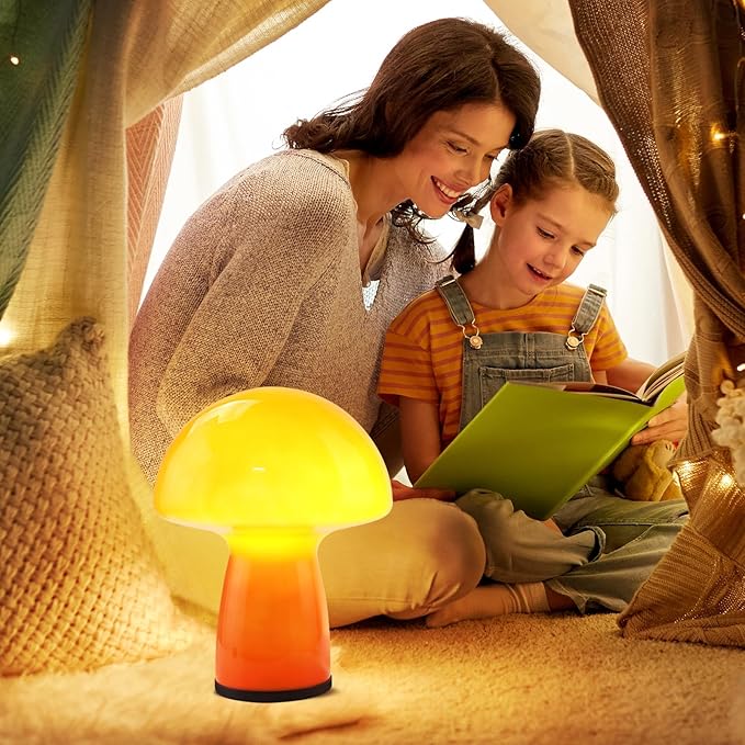 Flame Red Mushroom lamp,Glass Mushroom Bedside Table Lamp Translucent Vintage Style Small Nightstand Desklamp for Home Decor, Dining, Living, Bedroom, Gift（3-Color Bulbs Included）