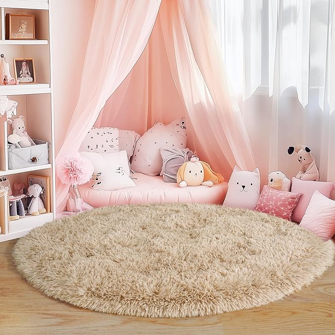 5'x5' Beige Round Rug for Bedroom, Ultra Soft Fluffy Circle Rug for Kids Girls Boys Room, Cute Shag Rugs for Living Room Playroom Tent Castle Home Decor Rug
