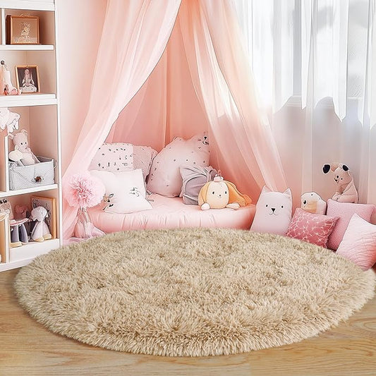 5'x5' Beige Round Rug for Bedroom, Ultra Soft Fluffy Circle Rug for Kids Girls Boys Room, Cute Shag Rugs for Living Room Playroom Tent Castle Home Decor Rug