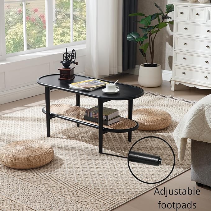 Modern Rattan Coffee Table, 39.5 Oval Black Wood Coffee Table with Storage Shelf for Living Room, 2-Tier Center Table Entryway Table Side Table Nightstand for Bedroom Office Small Space Cafe