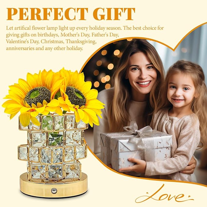 Sunflower Crystal Table Lamp, Touch Dimming Night Light, USB Rechargeable Bedside Lamp LED Artificial Flowers Lamp, Desk Lamp Aesthetic for Bedroom Home Decor