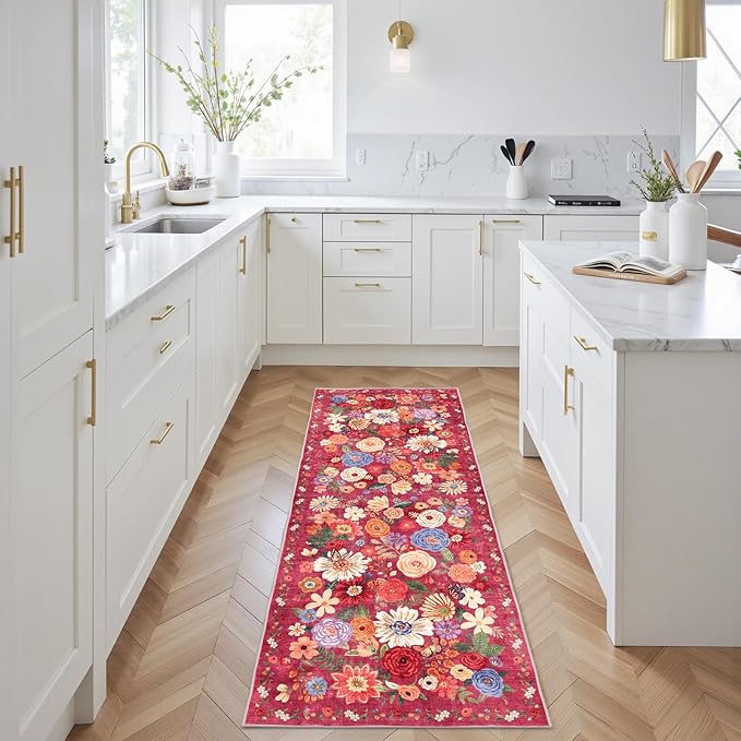 Rug for Hallways Kitchen Rug 2x6, Non Slip Washable Rugs with Rubber Backing Soft Floral Carpet Runner for Hallways, Kitchen, Laundry, Bedroom, Bathroom (2 x 6, Red Garden)