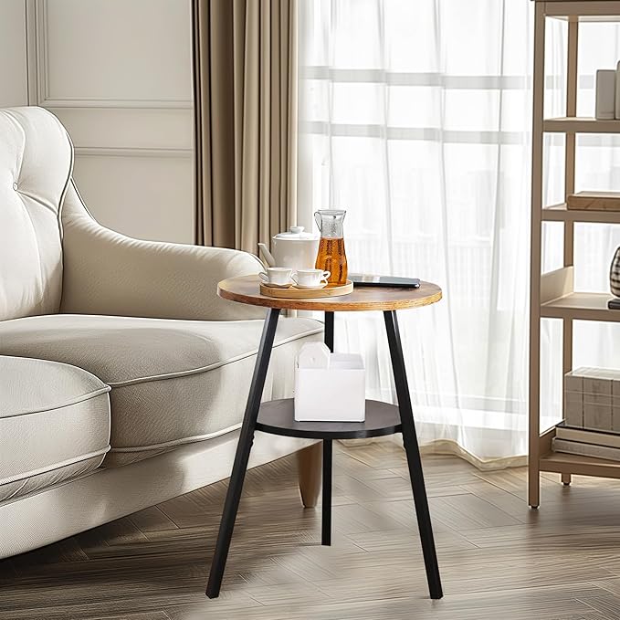 INHABIT UNION Round End Table,Accent Table Small Side Table for Living Room Bedroom, Balcony with Wooden Boards Storage Small Space (Rustic Brown)