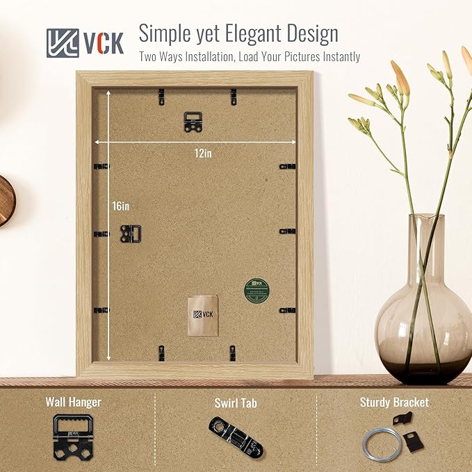 VCK 12x16 Picture Frame 2 Pack - Natural Oak, High-End Wood Poster Frames with Tempered Glass, Display 8.5x11 Photo with Mat or 12x16 without Mat, Art Gallery-Quality, Wall Hanging, Natural Oak