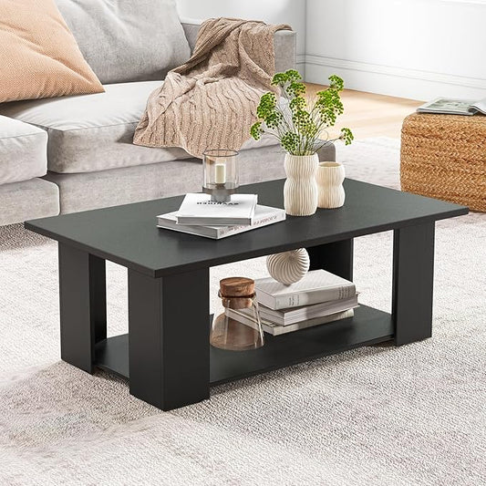 Giantex Rectangle Wood Center Table, 41" L 2-Tier Large Modern Tea Table w/Open Compartment, Easy Assembly, Accent Coffee Table for Living Room, Reception Room, Black
