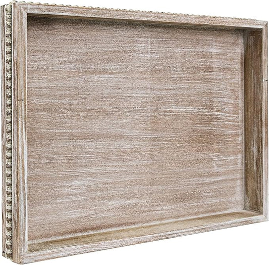 Wooden Decorative Tray, Rectangular Serving Tray with Wood Bead, Farmhouse Big Tray for Ottoman, Countertop, Coffee Tabl, 16.5" x 13"x 1.6" (White Washed)