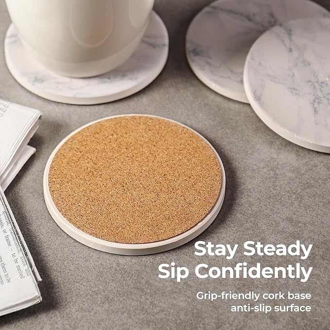 LIFVER Coasters Set of 8 for Drinks, White Marble-Style Anti-Slip Absorbent Drink Coasters with Holder, Modern Marble Stone Coaster for Home Patio Decor Coffee Bar Accessories Ideal Housewarming Gifts