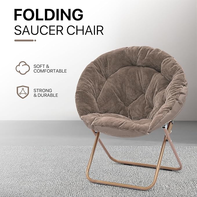 Athena Collection Comfy Saucer Chair Folding Cozy Chair for Bed Room Living Room Accent Chair Faux Fur Reading Chair Foldable Metal Frame Lazy Chair Moon Chair for Adult, Brown