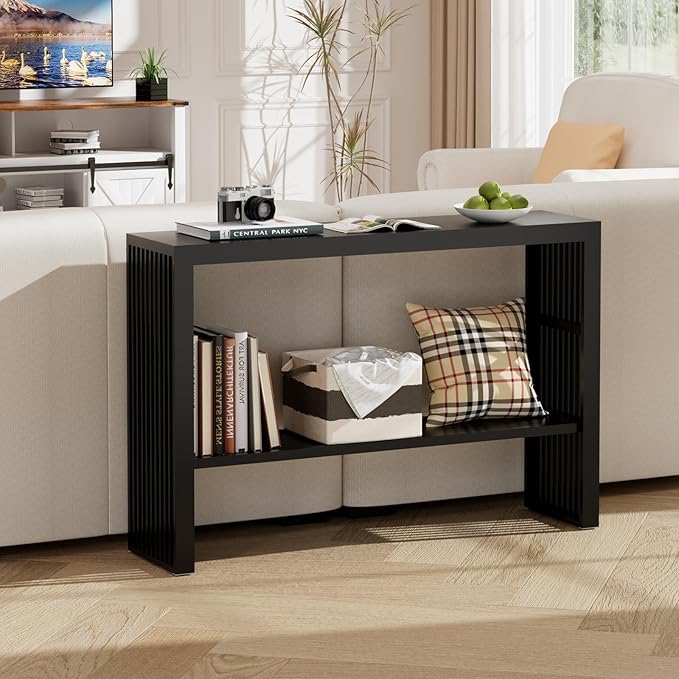 Bamboo 47.2" Narrow Console Table, 2-Tier Farmhouse Side Table, Rectangular Entryway Table, Modern Sofa Table Behind Couch with Storage Shelves for Entrance, Living Room, Hallway, Foyer (Black)