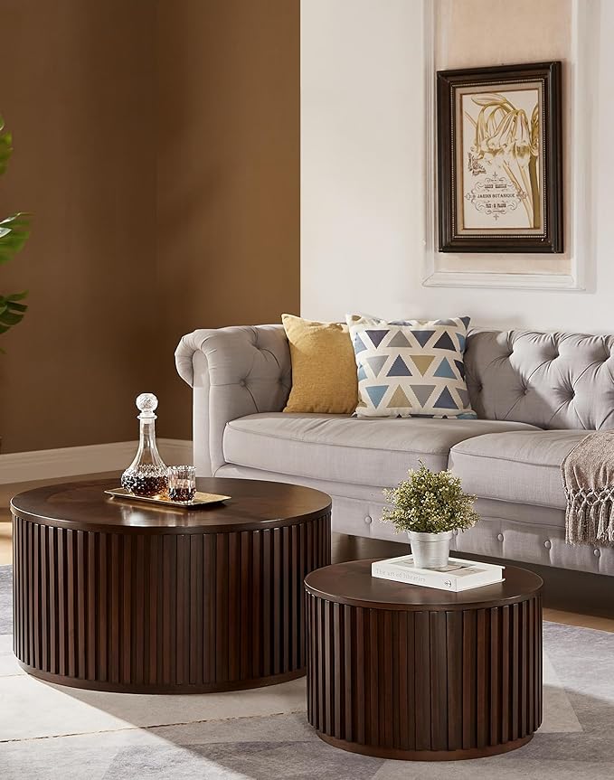 Round Coffee Table Set of 2, Nesting Coffee Tables with Removable Lid, Mid Century Modern Wooden End Table with Large Storage Space for Living Room