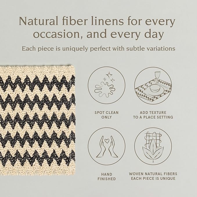 Over&Back Set of 4 Woven Fiber Placemats - Dining Table Mat - Made with Natural Paper Fibers - Kitchen and Home Decor - Chevron - Black