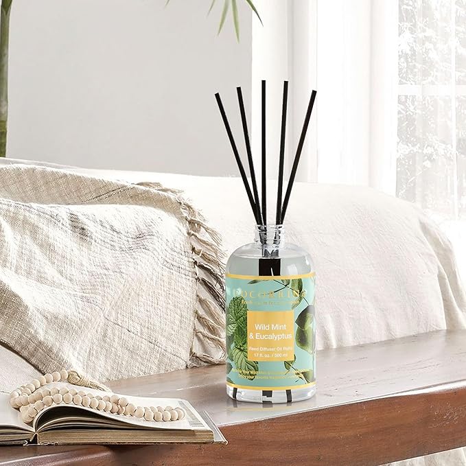 Cocorrína Reed Diffuser Refill Wild Mint & Eucalyptus 17oz (500ml) with 8 Sticks - Premium Long-Lasting Scented Oil, Home Fragrance for Bedroom, Bathroom Home Decor