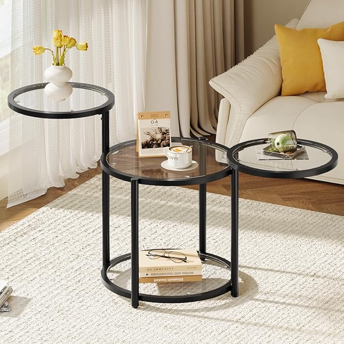 Round Glass Coffee Table - 4 Tier Coffee Tables for Living Room with Rotating Top, Circle Coffee Table with Storage, Modern Clear Center Table with Metal Frame for Small Space, Office, Black