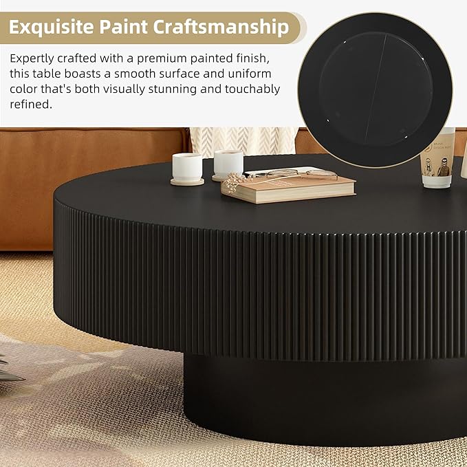 31.5 Inch Round Drum Coffee Table, Modern Handcraft Fluted Drum Coffee Table, Wooden Round Coffee Table Center Table Cocktail Table with Stable Pedestal for Living Room Apartment (Black)