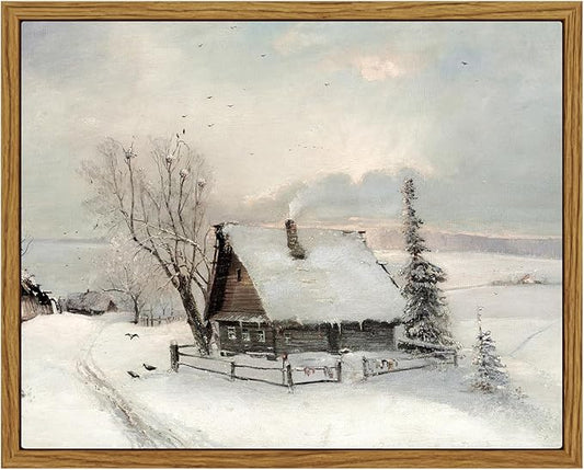 ARPEOTCY Vintage Cottage Framed Canvas Wall Art Prints, 8x10in, Winter Snow Antique Farmhouse Art Room Decor, Christmas Gifts, Rustic Winter Oil Paintings for Living Room Bedroom Bathroom