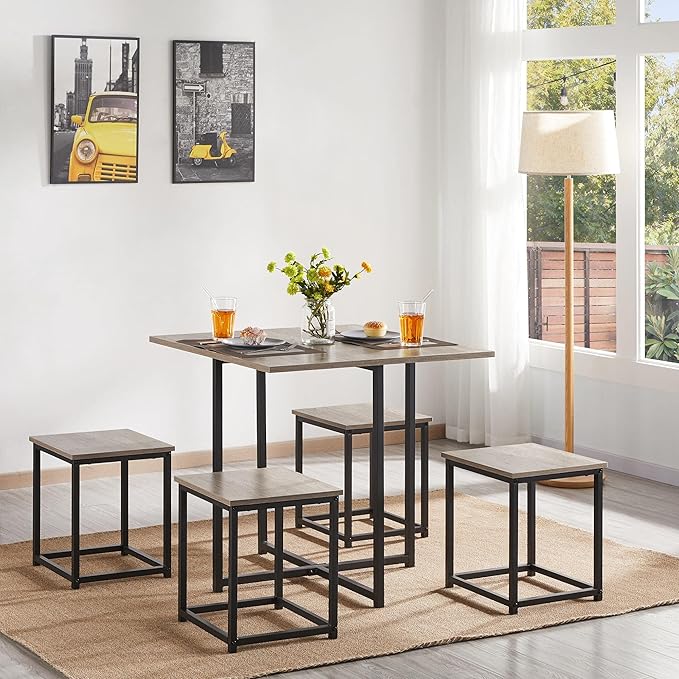 Yaheetech Dining Table Set for 4 Industrial Kitchen Table with 4 Chairs, Space-Saving Design for Apartment, Small Space, Breakfast Nook, Gray