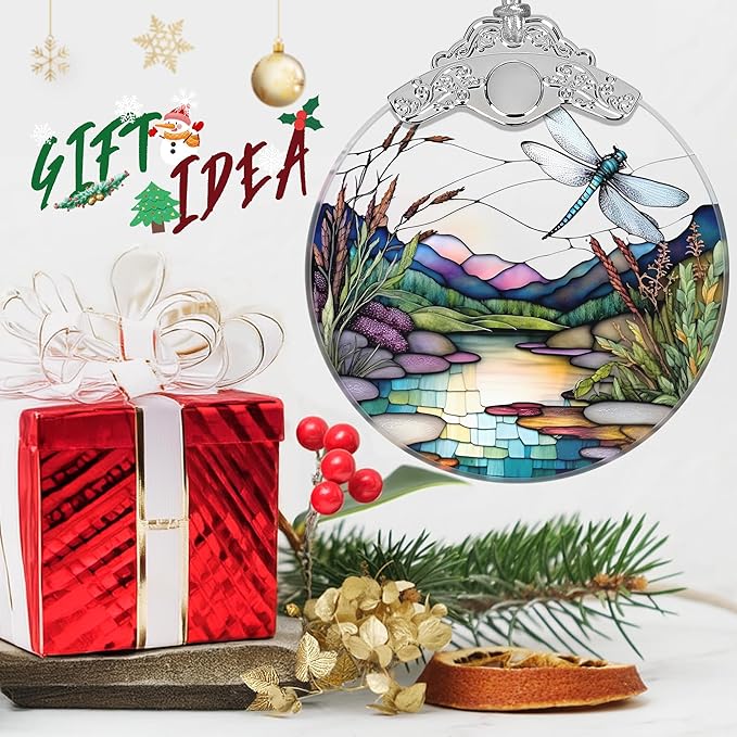 Christmas Stained Glass Dragonfly Ornament - Home Decor - Holiday Present Ideas - Gift Exchange - Fluttering Dragonfly