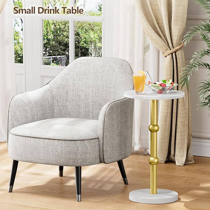 Drink Table, Small Round Side Table for Small Spaces, Modern Accent Round End Tables with Metal Leg, Thickened Wood Pedestal Coffee Tables for Living Room, Bedroom, Narrow Corners,Sofa Couch