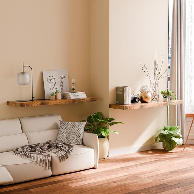 12 Inch Deep Floating Shelves, 48 Inch Fireplace Mantel Set of 2, Rustic Brown Hanging Shelf with Invisible Brackets, Display Shelves Wall Mounted for Bedroom, Kitchen, Office, Living Room