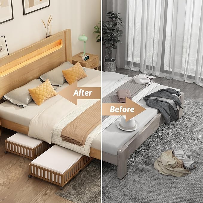 Bamboo Under Bed Storage Containers with Wheels, 2 Pack Large Under the Bed Shoe Storage Bins, Wood Rolling Underbed Drawers Organizer for Bedroom Closet Clothes Blanket Under Crib Toy Walunt