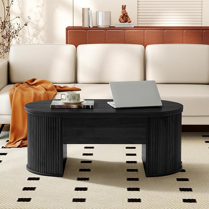 ORRD Lift Top Coffee Table, Fluted Coffee Table with Lifting Top, Wooden Lift Up Dining Table with Hidden Compartment, Center Table for Living Room, Office - Black