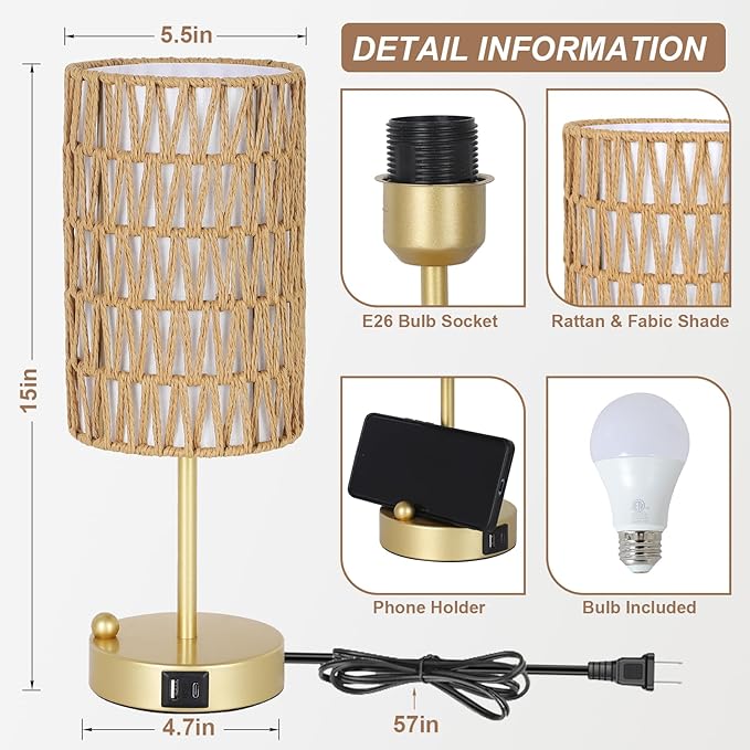 Gold Table Lamp for Bedroom with Bulb, Small Touch Control Table Lamp for Living Room with Rattan & Linen Shade, 3 Way Dimmable Bedside Lamp for Nightstand with USB Charging Port & Phone Stand