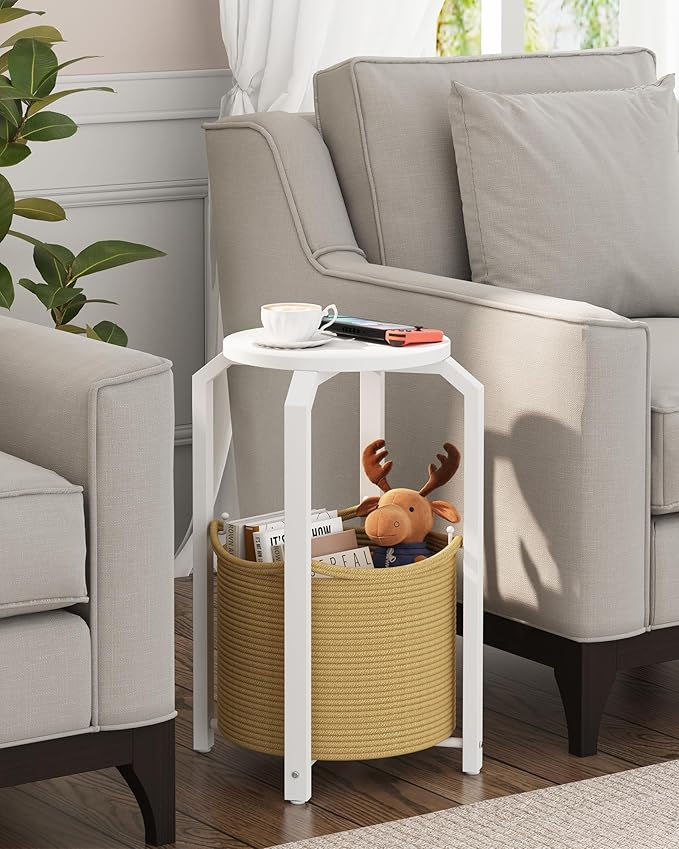 TUTOTAK Small Side Table, Round End Table, Night Stand, Bedside Table, Set of 2, Sofa Table with Storage Basket, Living Room, Bed Room, White and Beige TB01BWN0922
