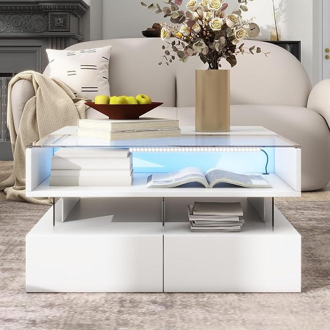 Lift Top Coffee Table with 2 Drawers and LED Lights, Modern 29.5" Square High-Gloss Center Table Cocktail Tea Table with Glass Top and Hidden Space for Living Room Apartment White